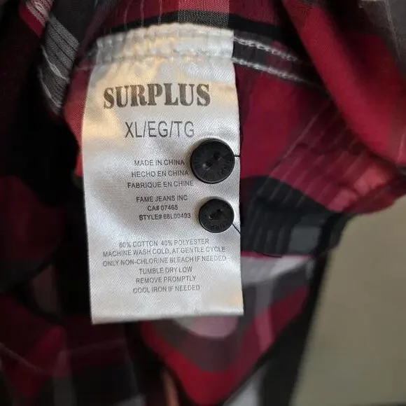 Surplus Men's Red and Black Plaid Button-Up Shirt-XL - Picture 3 of 8